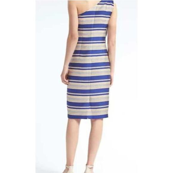 NWT Banana Republic One-Shoulder Bow Sheath Dress Womens Sz 10 Blue Ivory Stripe - Picture 2 of 11